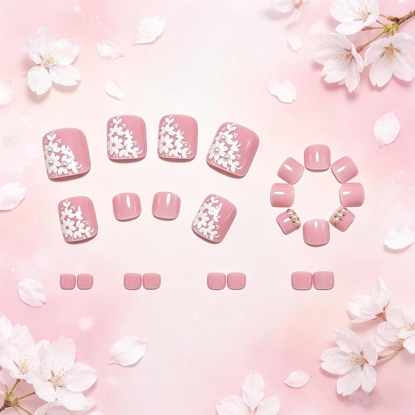 Floral Press-On Toenails - Short Square Acrylic Toe Nail Tips with 3D Flower Designs | 24 Pcs Glossy Pink Reusable