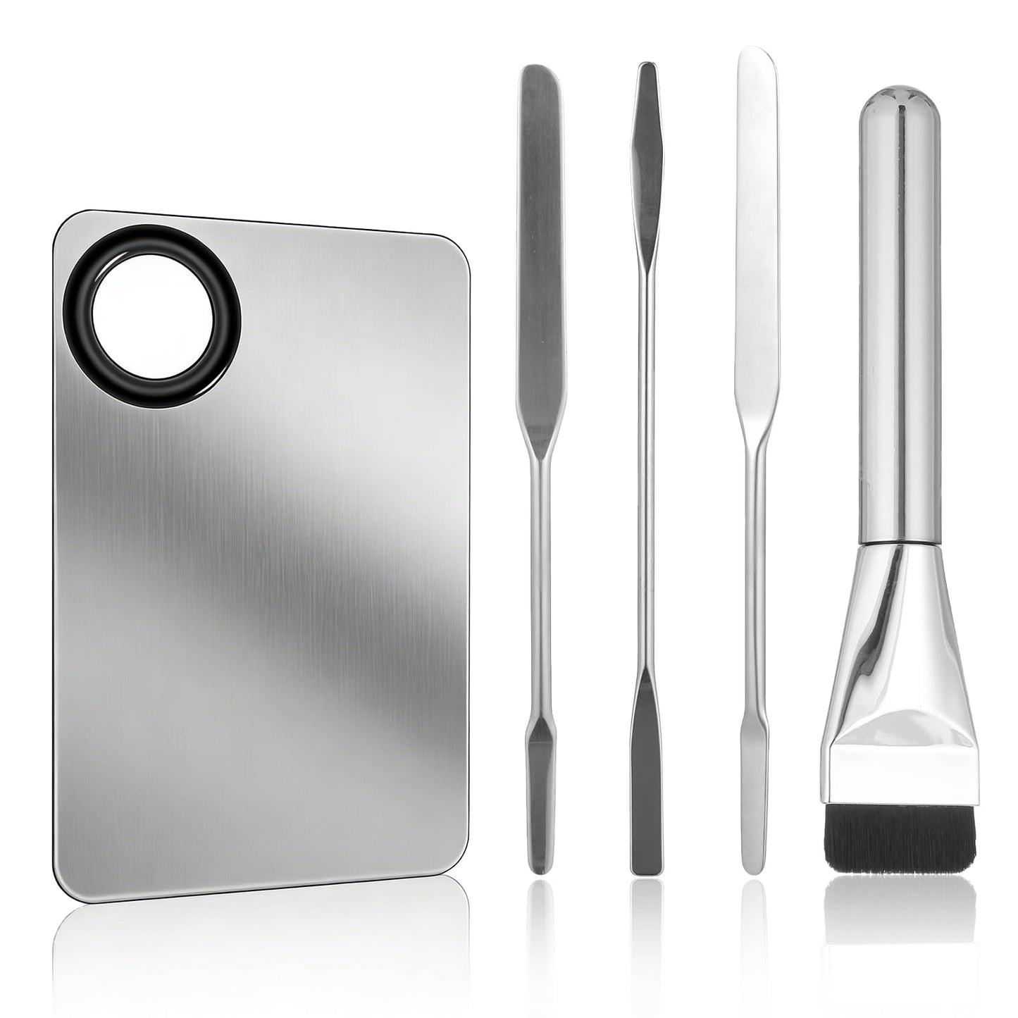 5 Pcs Professional Stainless Steel Makeup Palette with Foundation Brush and 3 Spatula Tool for Nail Art Eye Shadow Eyelash Makeup, Make up Accessories Set for Women Girl (4.5 × 3 Inch Silver)