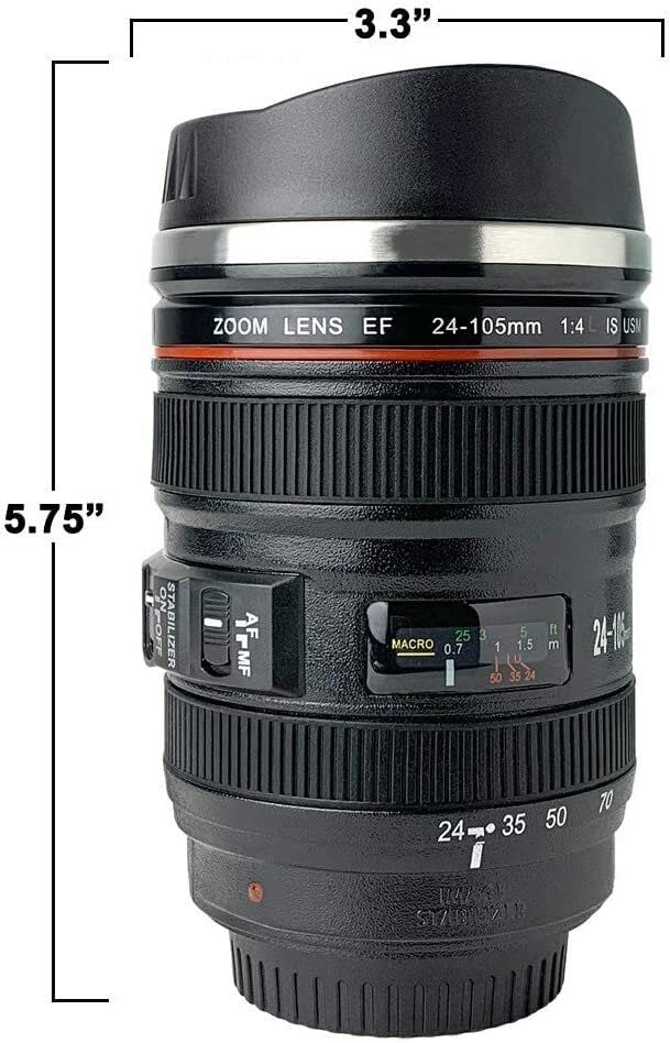 Camera Lens Coffee Mug with Lid - Stainless Steel Insulated Travel Cup