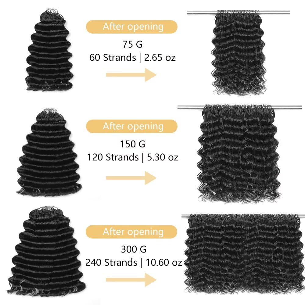 Feather Crochet Human Hair Deep Ocean Wave Crochet Human Hair Bundles 16 Inch 300g Pre-Separated Human Crochet Hair for Black Women Loop Invisible Crochet Hair Extensions 240 Strands Medium Brown