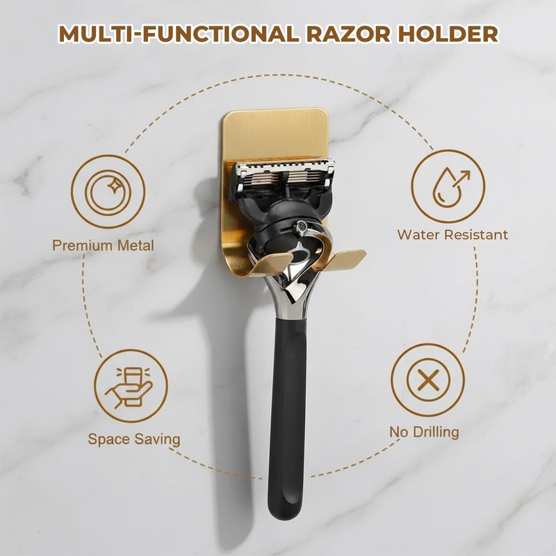 Heran Razor Holder for Shower Wall, 4 Pack Self Adhesive Shower Razor Holder, Waterproof Stainless Steel Hooks for Inside Shower, Towel Loofah Bathroom Kitchen Organizer Gold