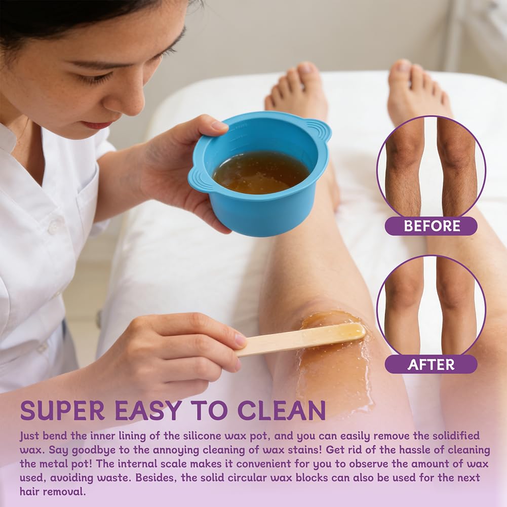 Silicone Wax Warmer, 3pcs Reusable Silicone Wax Bowl for Waxing Replacement Non-Stick Easy to Clean Wa-x Pot Replacement with 50 Pcs Spatula Sticks for Hair Removal
