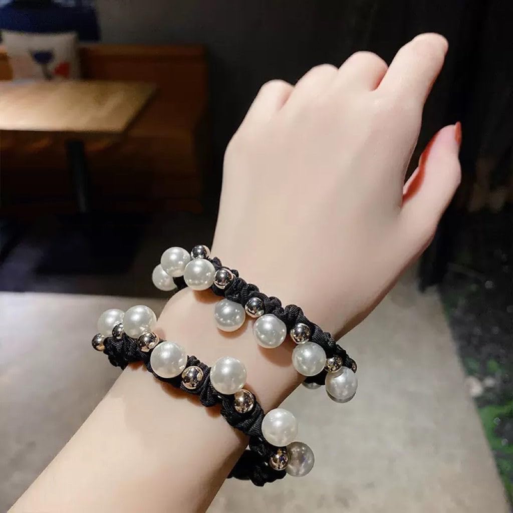 Chic Rhinestone & Faux Pearl Flower Hair Ties - 2pcs Set for Girls | Stylish Everyday & Vacation Accessory, Black