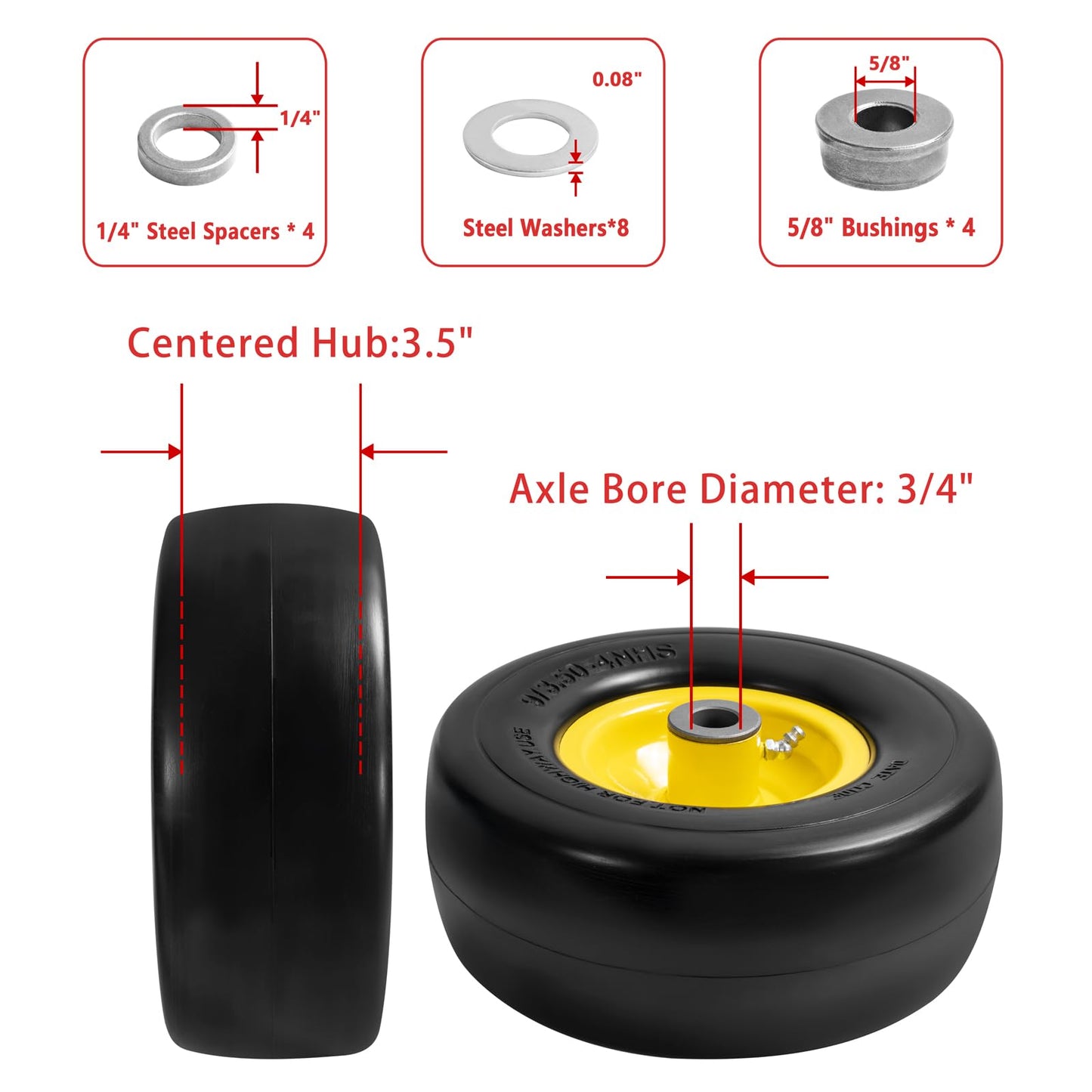 Parts Camp 9x3.50-4" Flat Free Tire and Wheel Lawnmower Tire,front zero turn mower/garden tractors/wheelbarrows/garden carts Tires With 3/4" & 5/8" Bushing,3.5"-4" Centered Hub(Set of 2)