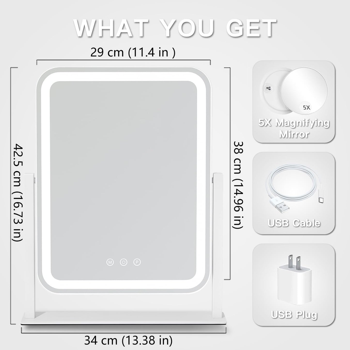 Vanity Mirror with Lights - 17.4'' x 13'' Makeup Mirror | 3 Color Modes, 5X Magnification, Smart Touch Control, 360° Rotation, White