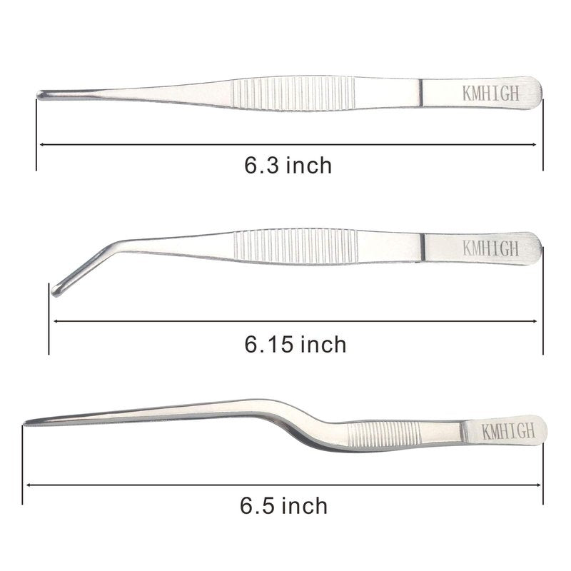 KMHIGH Stainless Steel Tweezers Set, For Small Gardening and Kitchen, Multi-Purpose Tools. (3Pcs, 6.15Inches / 6.3Inches / 6.5Inches)