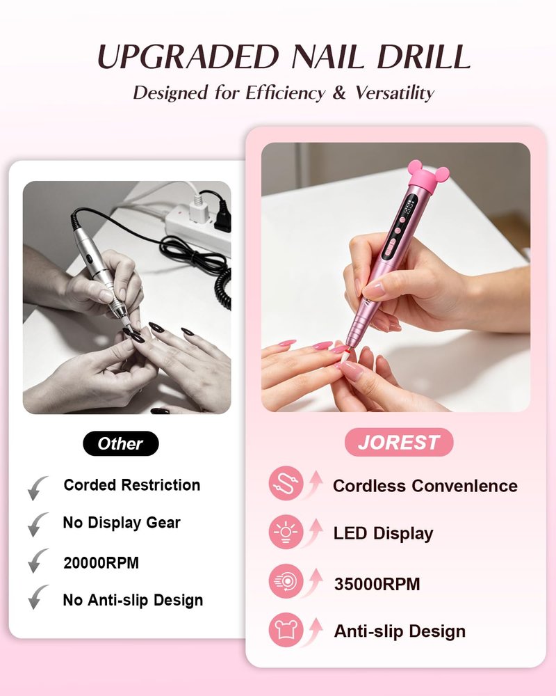 JOREST 13-in-1 Cordless Electric Nail Drill Kit - 35,000 RPM Rechargeable Manicure Tool | LED Display, Rose Pink