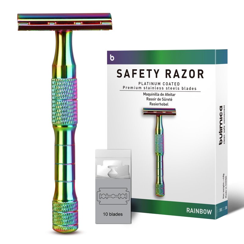 Rainbow Safety Razors for Men and Women, Single Blade Razor, Reusable Metal 1 Blade Razor, with 10 Stainless Steel Double Edge Blades, Smooth & Close Shave, Plastic Free, Sustainable