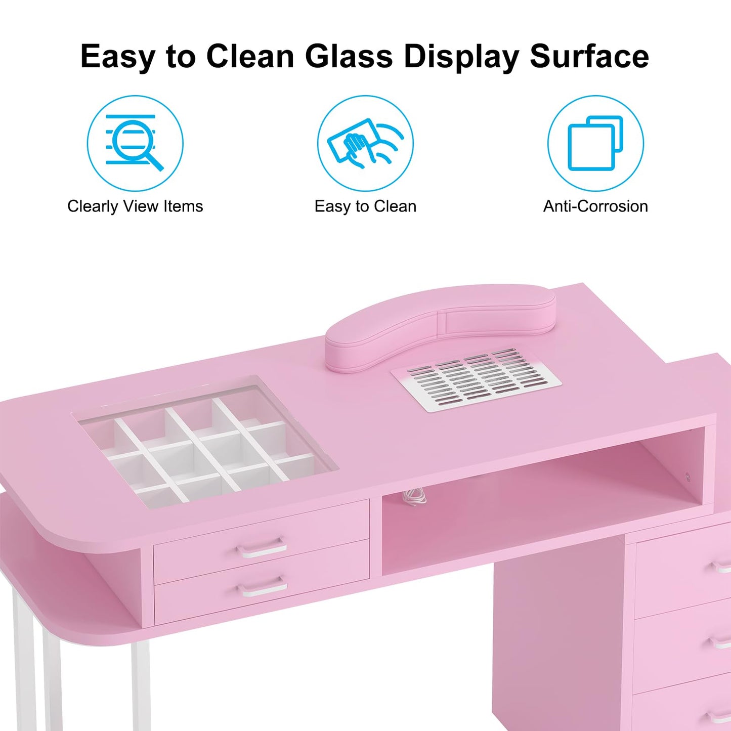 TABU Professional Manicure Table, Large Nail Table for Nail Tech with Pull-Out Drawers& Opening Storage Cabinets, Nail Workstation with Dust Collector, Wrist Cushion, Pink