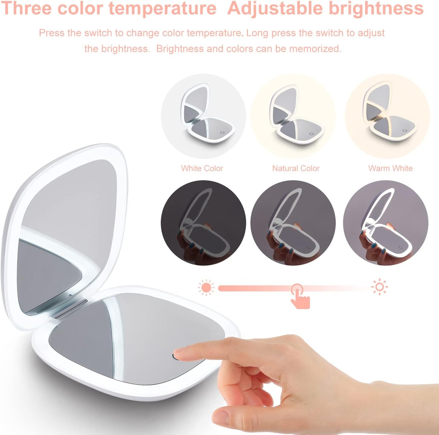 Compact LED Magnifying Travel Makeup Mirror - 4" Dimmable Double-Sided | 1X/10X Magnification, USB Rechargeable, Portable (White)