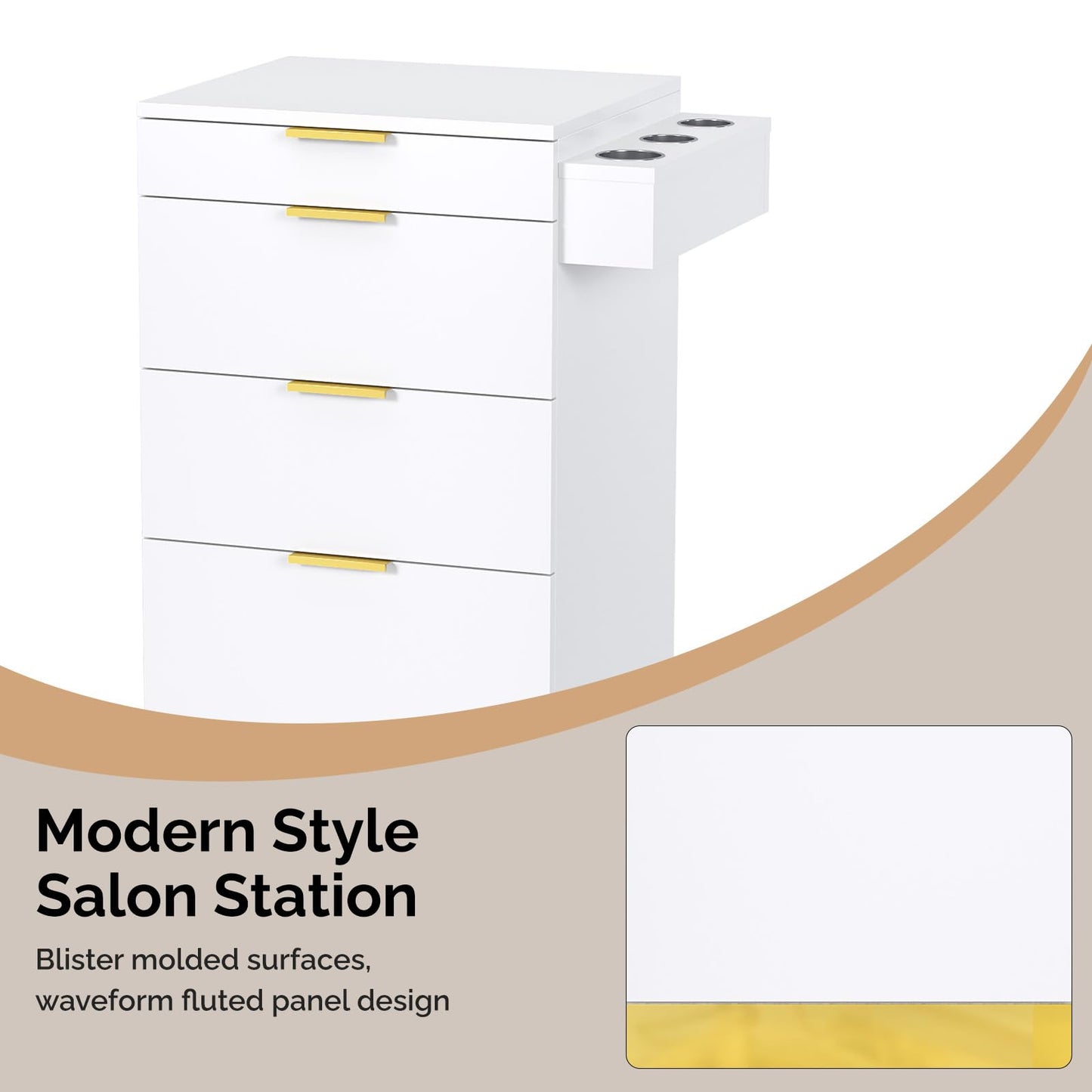 OmySalon Salon Station, Barber Station for Hair Stylist, Storage Cabinet with Stainless Steel Finish & Drawers & Heat Resistant Dryer Holders, Modern Style for Barbershop, White