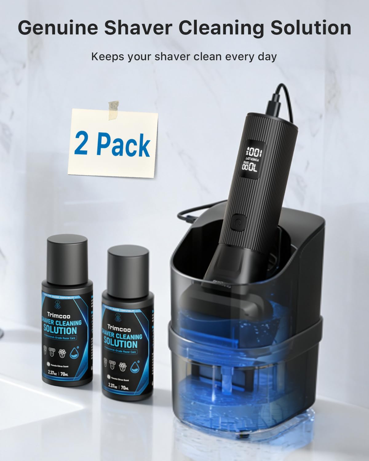 Trimcoo Genuine Electic Shaver Cleaning Solution, 2-Pack Care Refills, 7-Month Supply, Alcohol-Free Pomelo Citrus Scent, Double Cleaning, Prevents Rust & Odors, Keeps Razor Like New (70ML/2.37OZ)