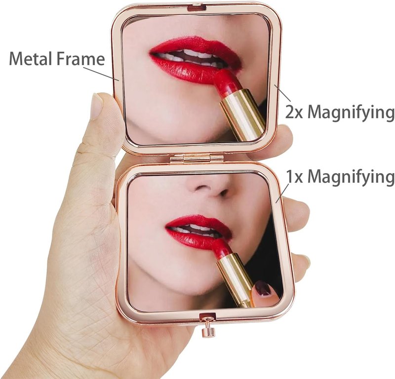Compact Rose Gold Square Mirror - Double-Sided 1X/2X Magnifying | 2.8” x 2.8” Mini Purse Accessory for Women