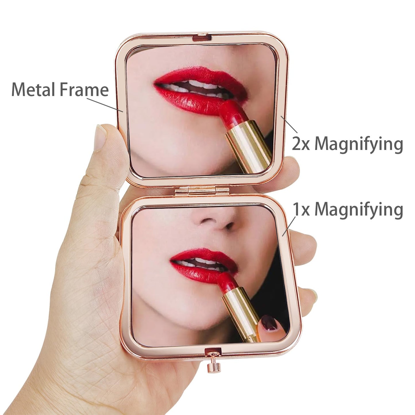 PDOZV Pocket Mirror for Women, Rosegold Square 2.8”×2.8” Metal Frame DropRubber Style Double Sided Mini Magnifying 1X/2X Mirror for Purse Can be Used as Gifts for Woman (RGSr03)