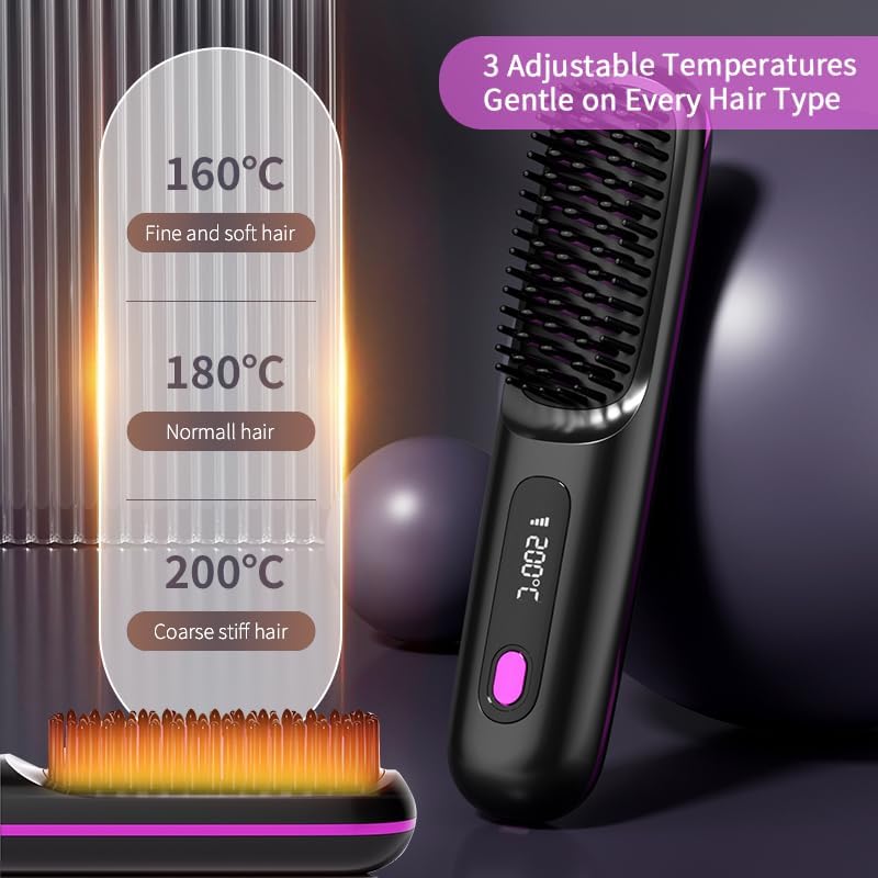Cordless Hair Straightener Brush - Mini Travel Comb with 200 Million Negative Ions | 3 Temp Settings, Fast Heating