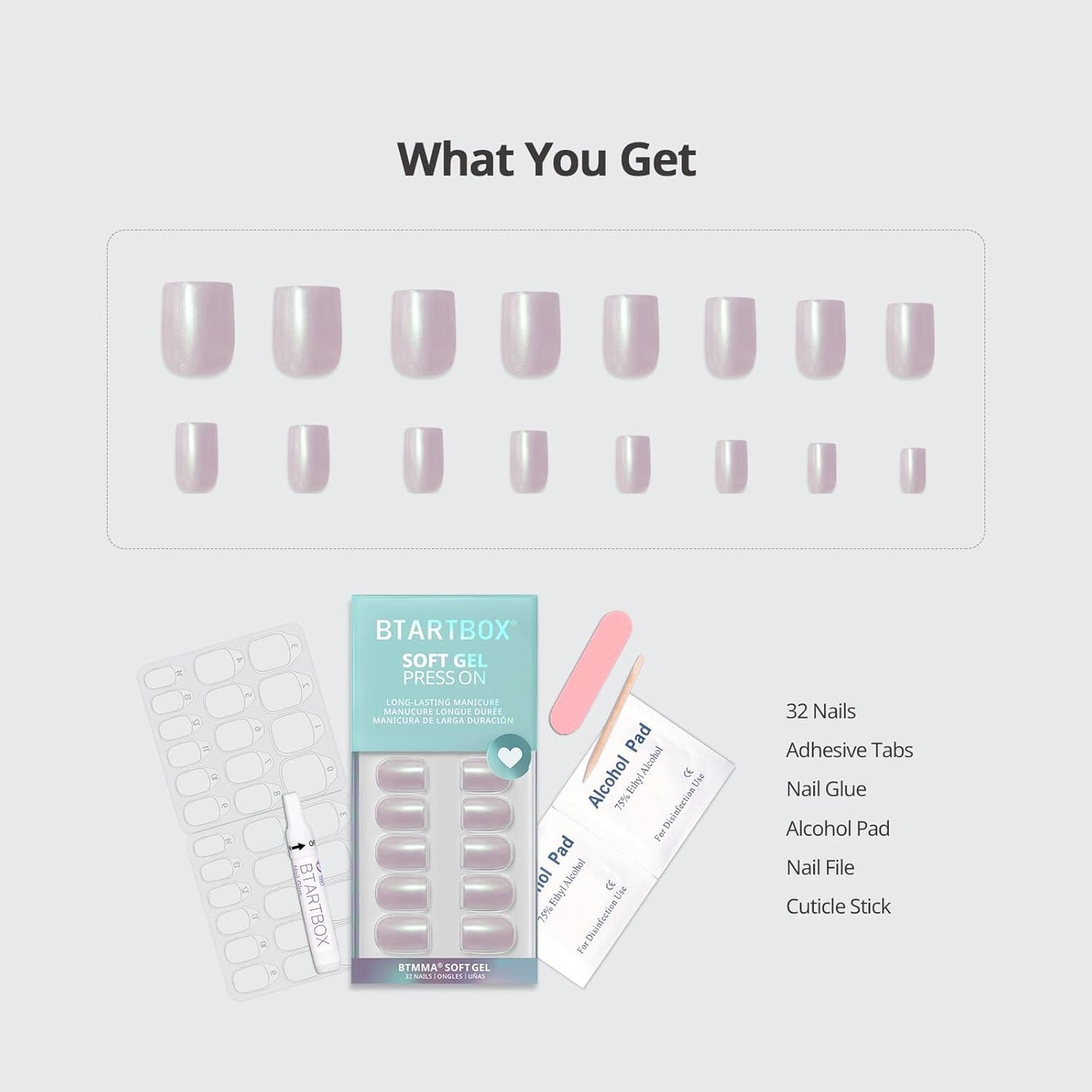 Press On Nails - Pearlescent Glitter Square Nail Set with Glue | 32 Opaque Soft Gel Nails in 16 Sizes - Screaming Silver