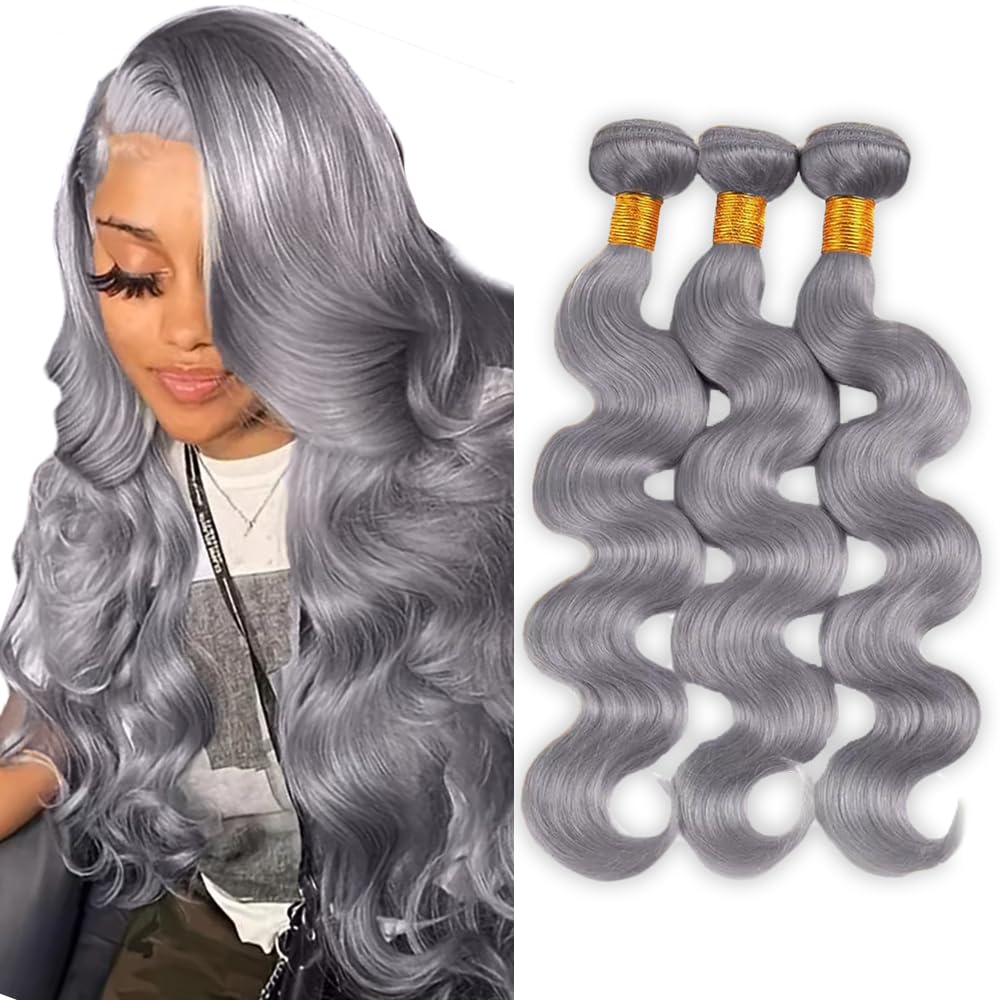 26 28 30 Inch Gray Bundles Body Wave 3 Bundles Human Hair Brazilian Remy Hair 50 Grams/Bundle 10A Grade Unprocessed Virgin Hairs Silver Grey Color Body Wave Bundle Weaves Extensions