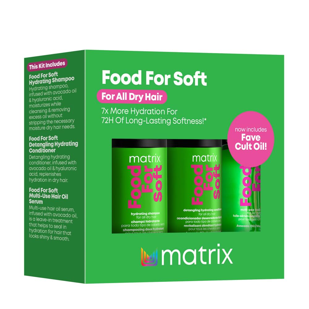 Matrix Food For Soft Travel Trial Kit - Shampoo, Conditioner and Oil Serum, Professional Hydrating Formula for Dry, Brittle Hair, With Hyaluronic Acid & Avocado Oil for Hydration, Softness & Shine