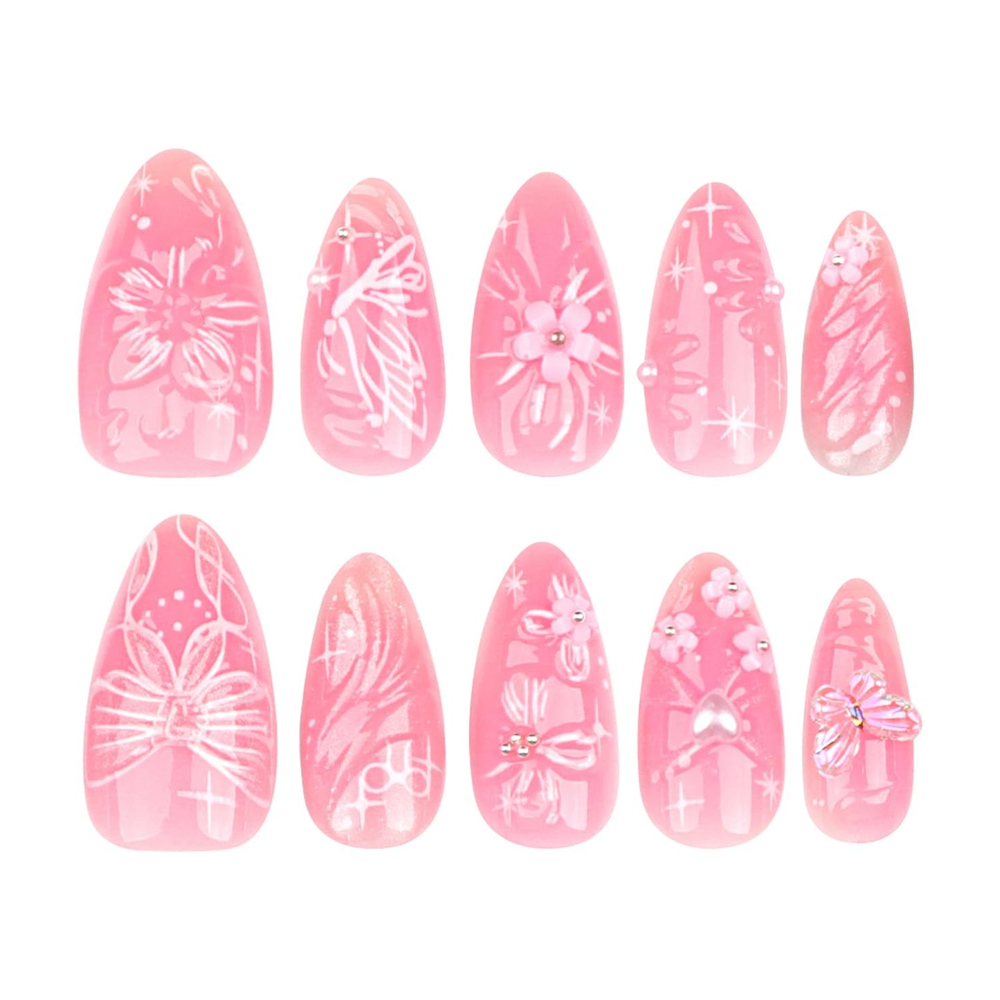 Pink Press-On Nails - 24 Pcs Medium Almond Floral Designs with 3D Flowers & Butterflies | Spring Summer Acrylic Set
