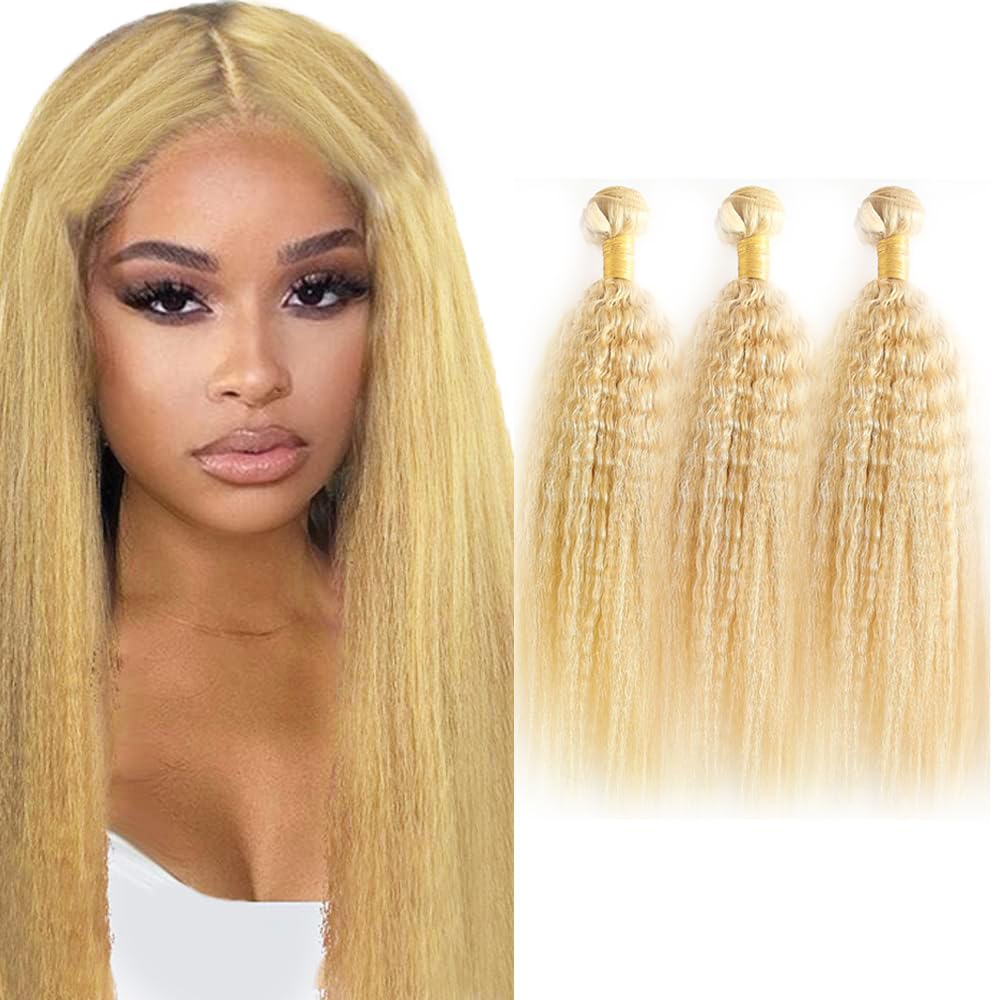#613 Blonde Bundles Human Hair Kinky Staright Bundles 24 26 28 Inch Yaki Staright Unprocessed Brazilian Virgin Hair Deals Quick Weave Hair Extensions 3 Bundle 50 Gram Per Bundle