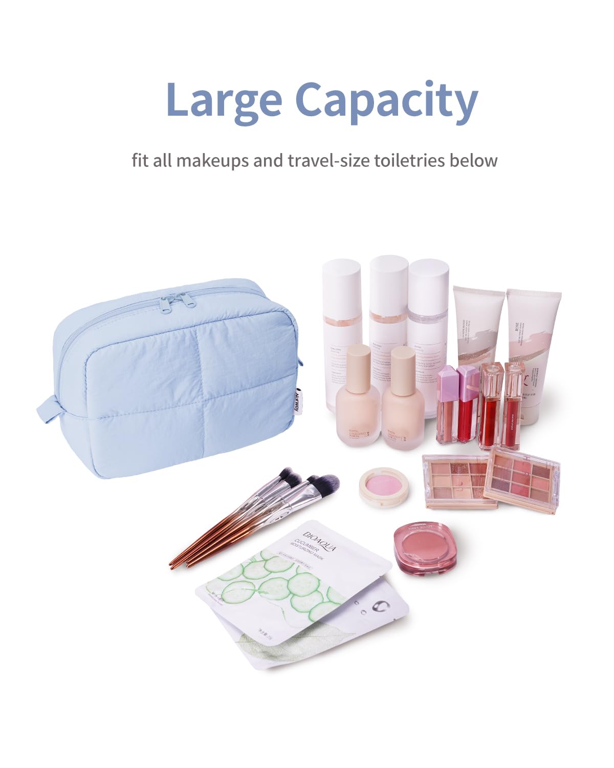 Narwey Puffy Makeup Bag for Travel Women Girl, Quilted Makeup Bag Cosmetic Bag, Cute Puffer Make Up Organizer Bags, Travel Toiletry Bag Toiletries (Blue)