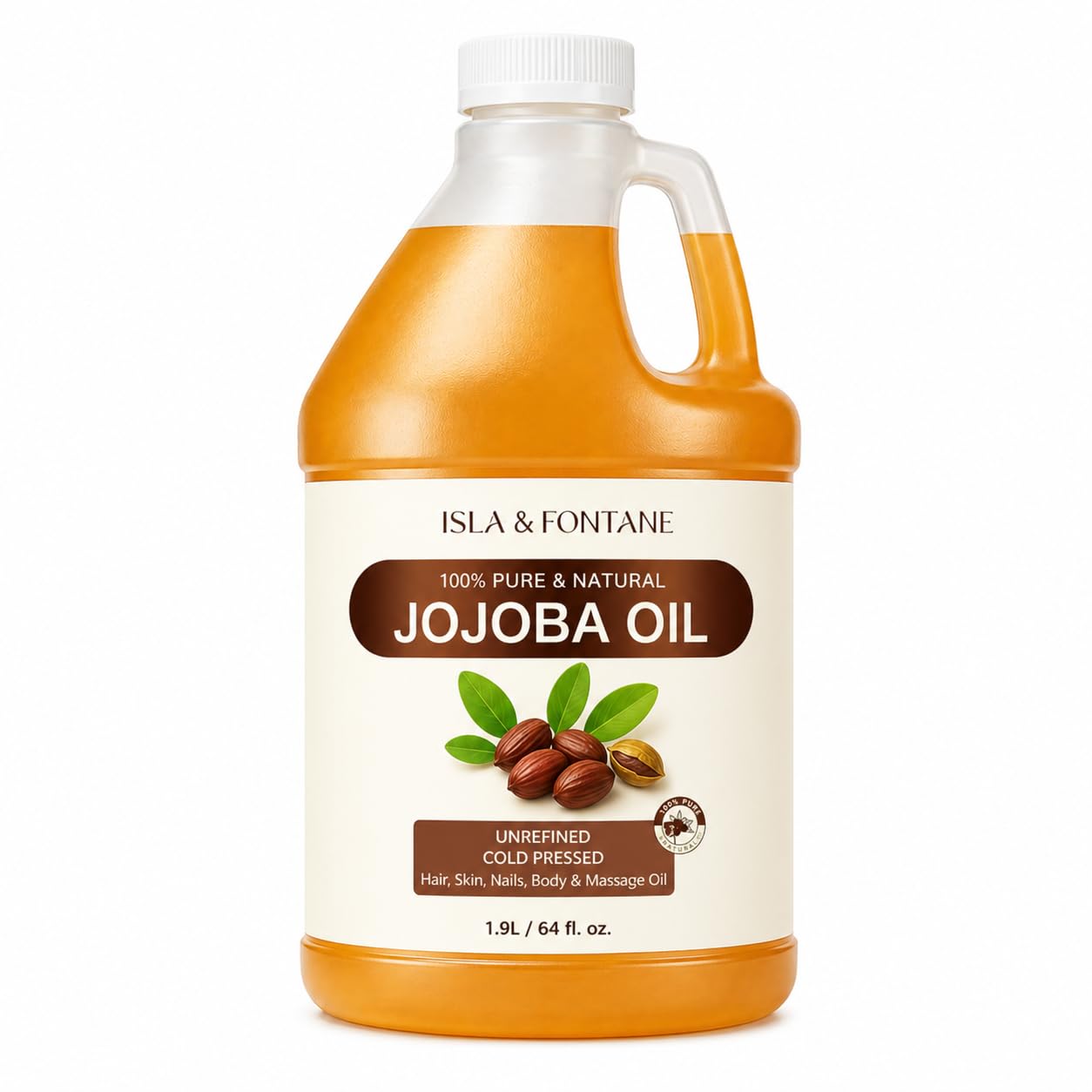ISLA & FONTANE 100% Pure & Natural Jojoba Oil 1.9L - Cold Pressed, Unrefined, Hexane Free Carrier Oil for Hair, Face, Body & Nails - Vegan, Non-GMO Moisturizer & Massage Oil
