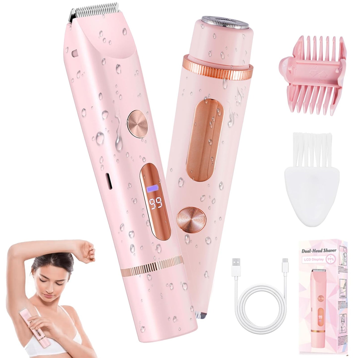 2 in 1 Bikini Trimmer for Women, Dual Head Electric Shaver with LED Display, IPX7 Waterproof Body Pubic Hair Trimmer Rechargeable Womens Electric Razor for Armpit Leg Body Facial (Pink)