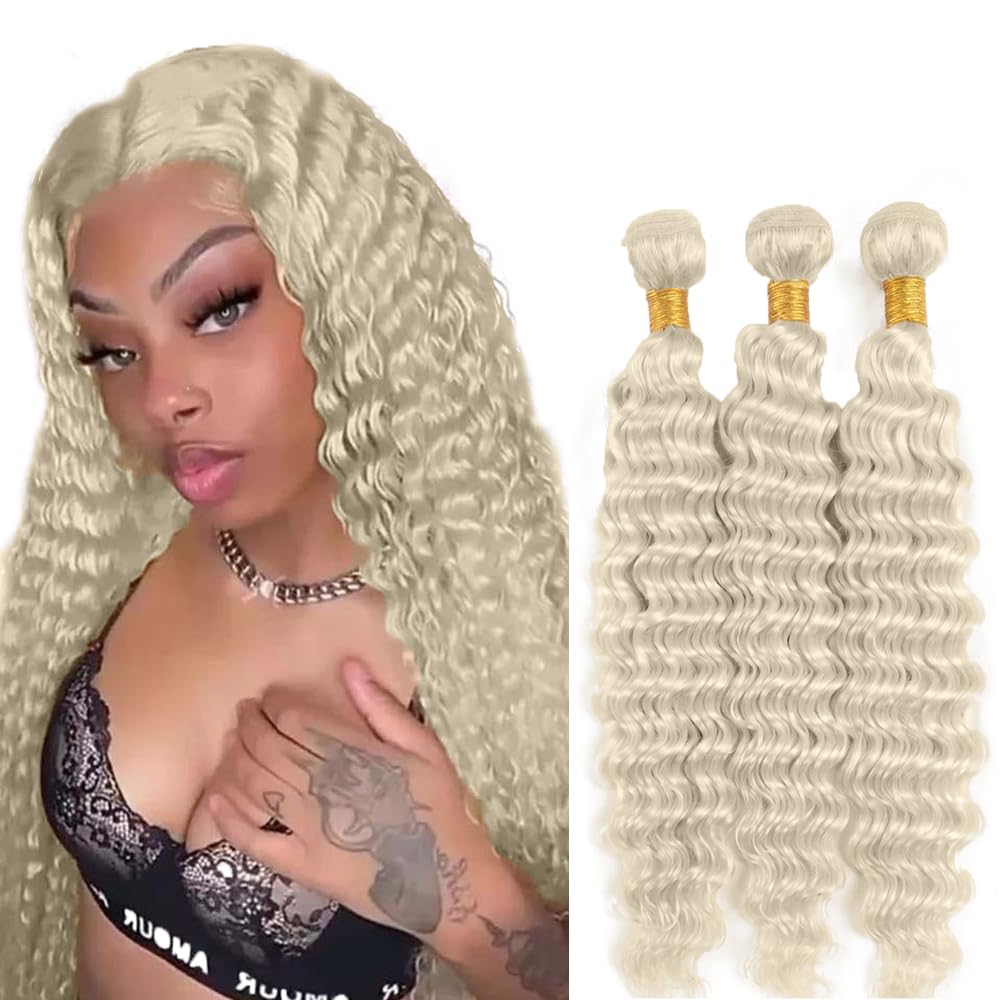 #88 Platinum Blonde Bundles Deep Wave Bundles Human Hair 16 18 20 Inch Platinum Blonde Deep Wave Bundle Unprocessed Brazilian Virgin Weave Hair 3 Bundle 50 Gram Per Bundle for Women