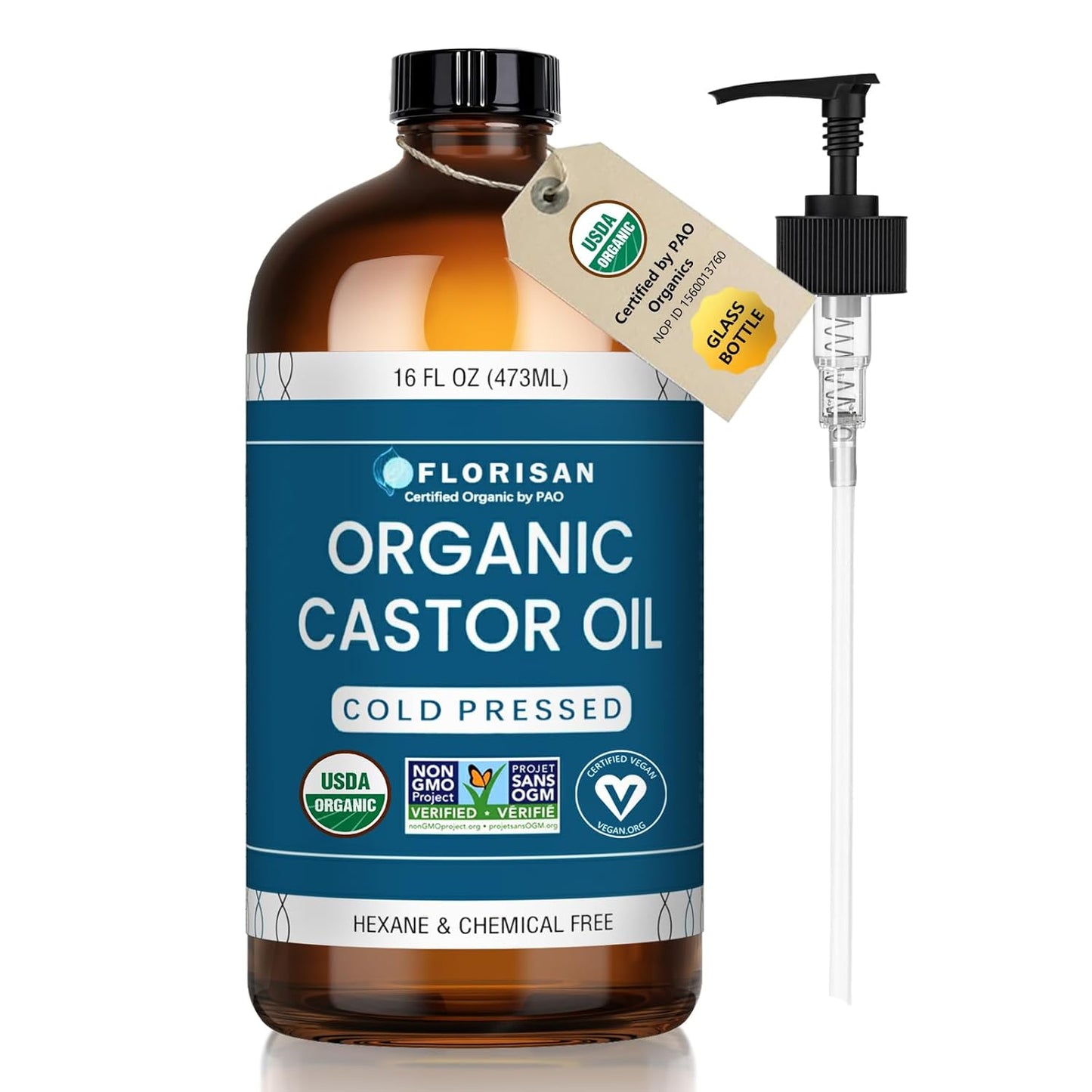 Organic Castor Oil - USDA Certified, Cold Pressed, Hexane-Free | 16oz Glass Bottle for Hair Growth, Skin & Lashes