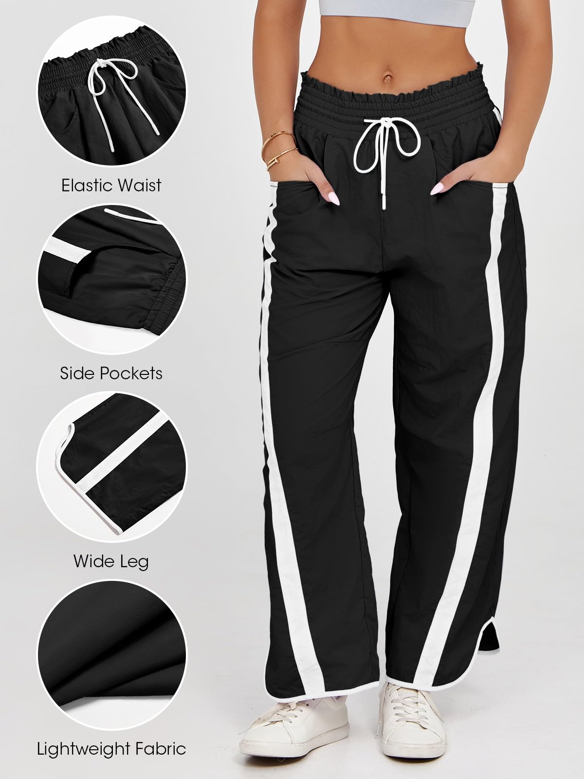 Fisoew Women's Baggy Wide Leg Pants Casual Drawstring Elastic Waisted Contrast Color Workout Y2K Track Pants Black