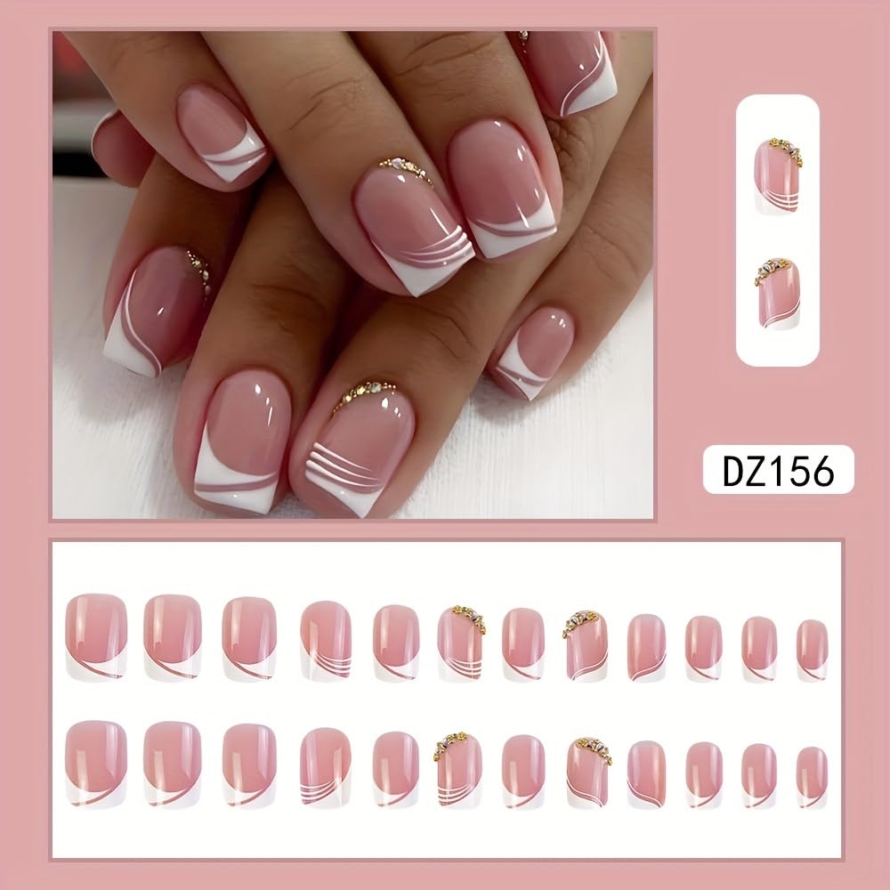 Square French Press on Nails, Acrylic Short Medium Press on Nails White Edge Pink Fake Nails with Gold Rhinestones, Glue on Nails Reusable False Nails for Women