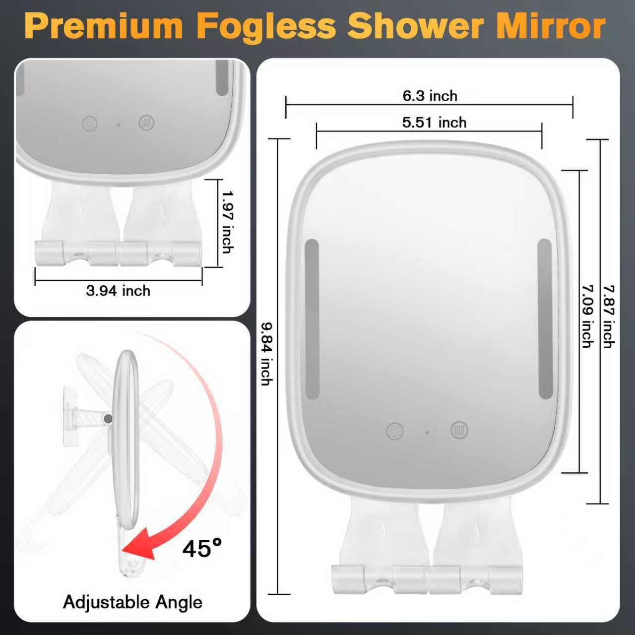 Showvigor Heated Shower Mirror Fogless for Shaving with Light, Rechargeable Battery, Detachable Adhesive Hook & Razor Holder, NO-Drilling Waterproof Anti-Fog Mirror, Gift for Men(White)