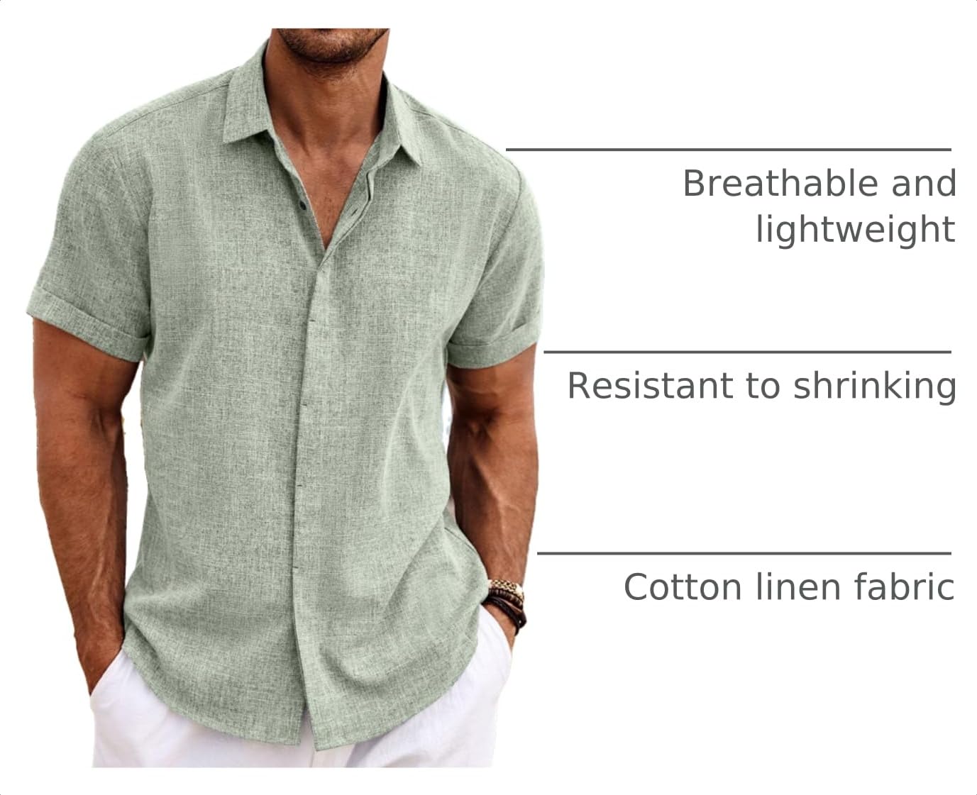 COOFANDY Men's Casual Shirts Button Up Shirt Linen Summer Beach Outfit Yoga Tee Light Green Large