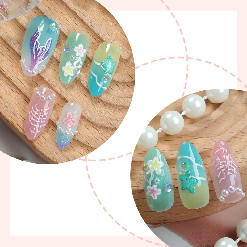 3D Handmade Press-On Nails - Summer Starfish Floral Design | Medium Almond Full Cover Ocean Theme