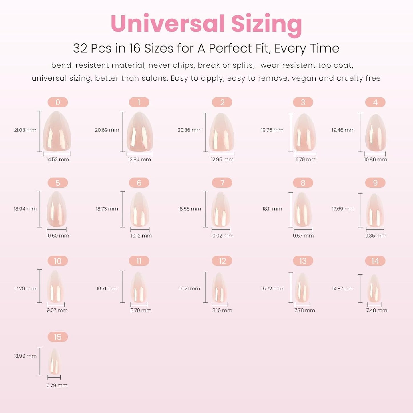 Press On Nails - Ombre Pink Short Almond | Natural Reusable Glazed Finish, 16 Sizes - 32 Nail Kit with Glue