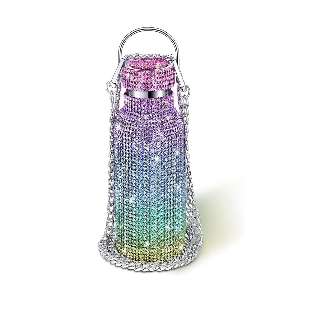 Rhinestones Water Bottle Rhinestone Water Bottle Glitter Tumbler, Thermal with Chain Bling Cups ﻿(350ml,Purple)