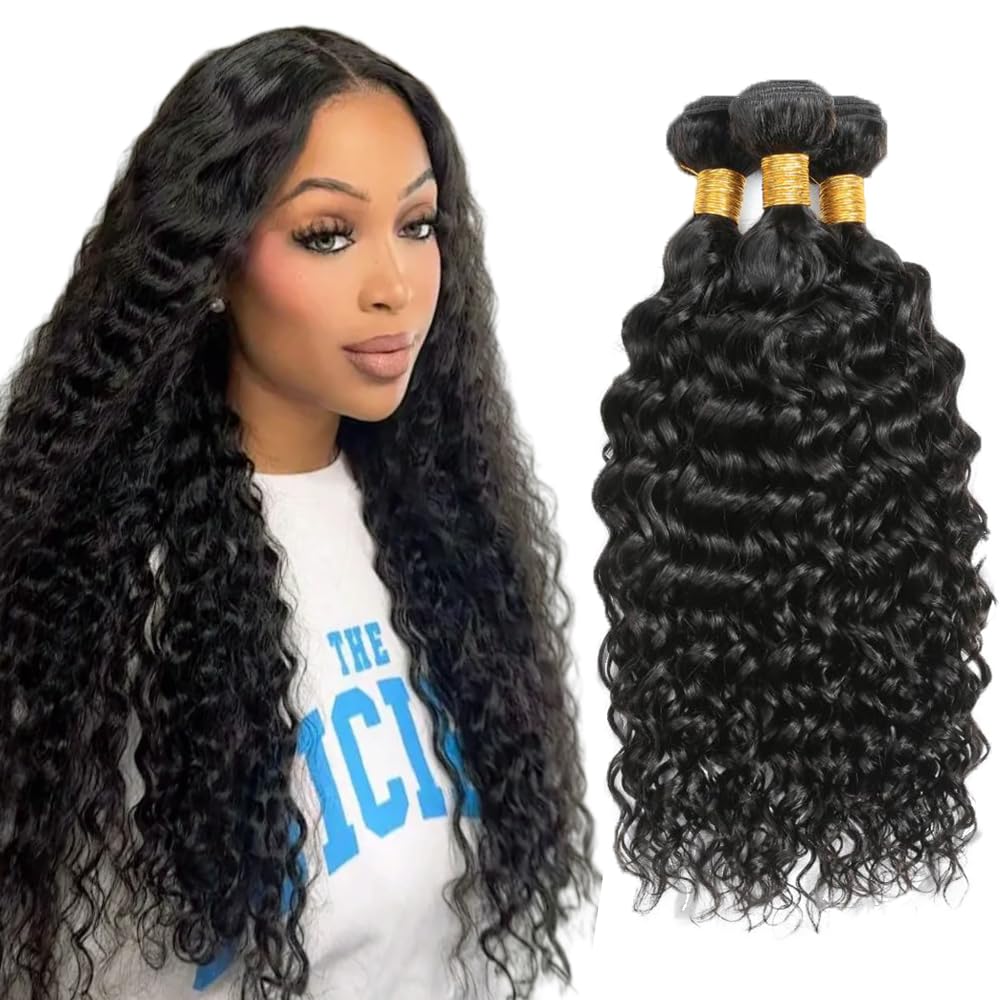 20 22 24 Inch Water Wave Bundles Human Hair 3 Bundles Brazilian Remy Hair 50 Grams/Bundle 10A Grade Unprocessed Virgin Hairs #1B Natural Black Color Water Wave Bundle Weaves Extensions