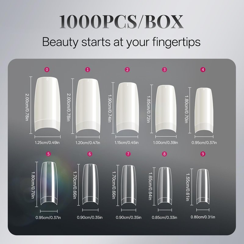 krofaue Nail Tips Lady French Style Acrylic Artificial Half Cover False Nail Tips with Box Ideal for Salons and Home DIY Manicure,10 Sizes,1000PCS (Natural and Clear)