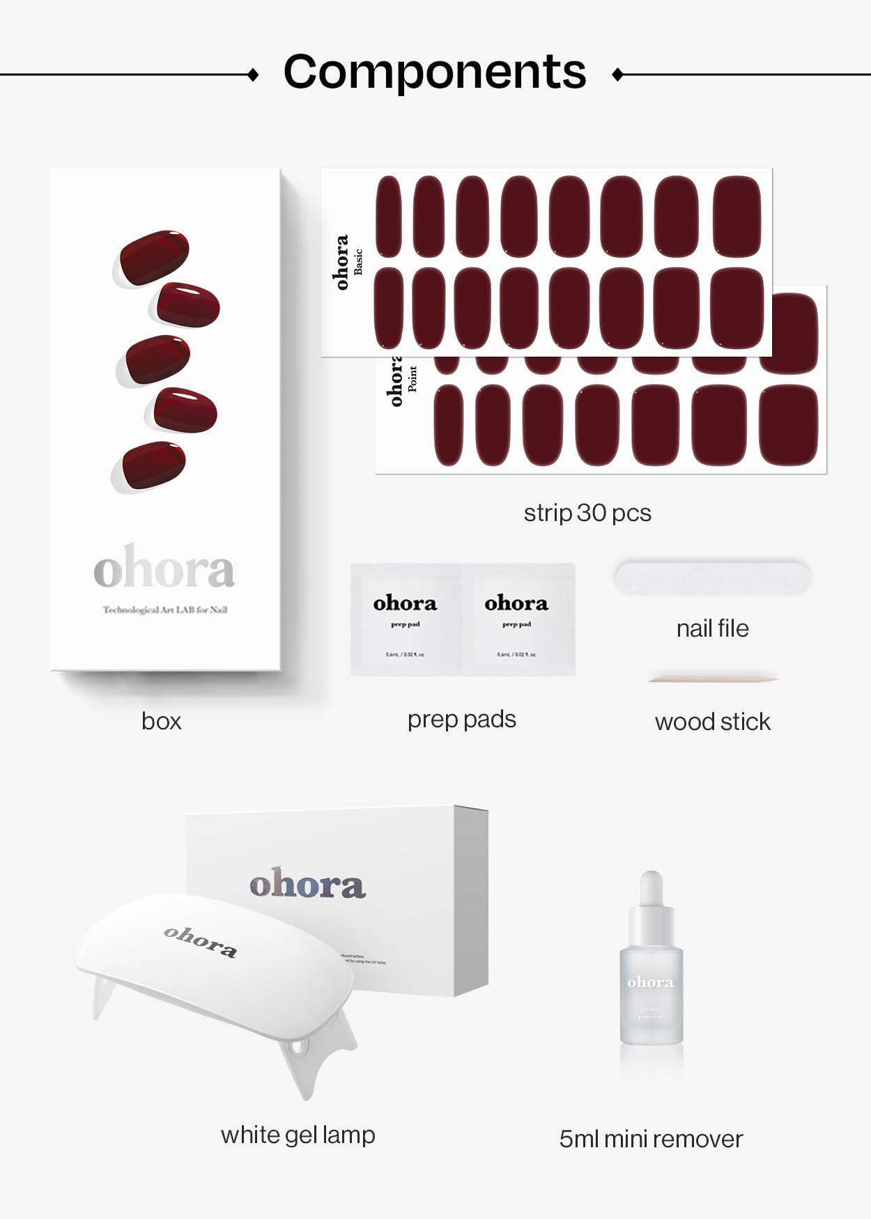 ohora Semi-Cured Gel Nail Strips Value Set (N Classic Burgundy Starter Kit) Includes Full Size Lamp and Mini Remover, Salon-Quality, Long Lasting, Easy to Apply & Remove