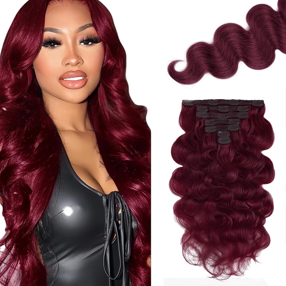 #99J Burgundy Clip in Hair Extensions Real Human Hair,24 Inch 120g/7Pcs,Full Shine Remy Human Hair,Wine Red Body Wave Clip ins Brazilian Virgin Human Hair Extensions