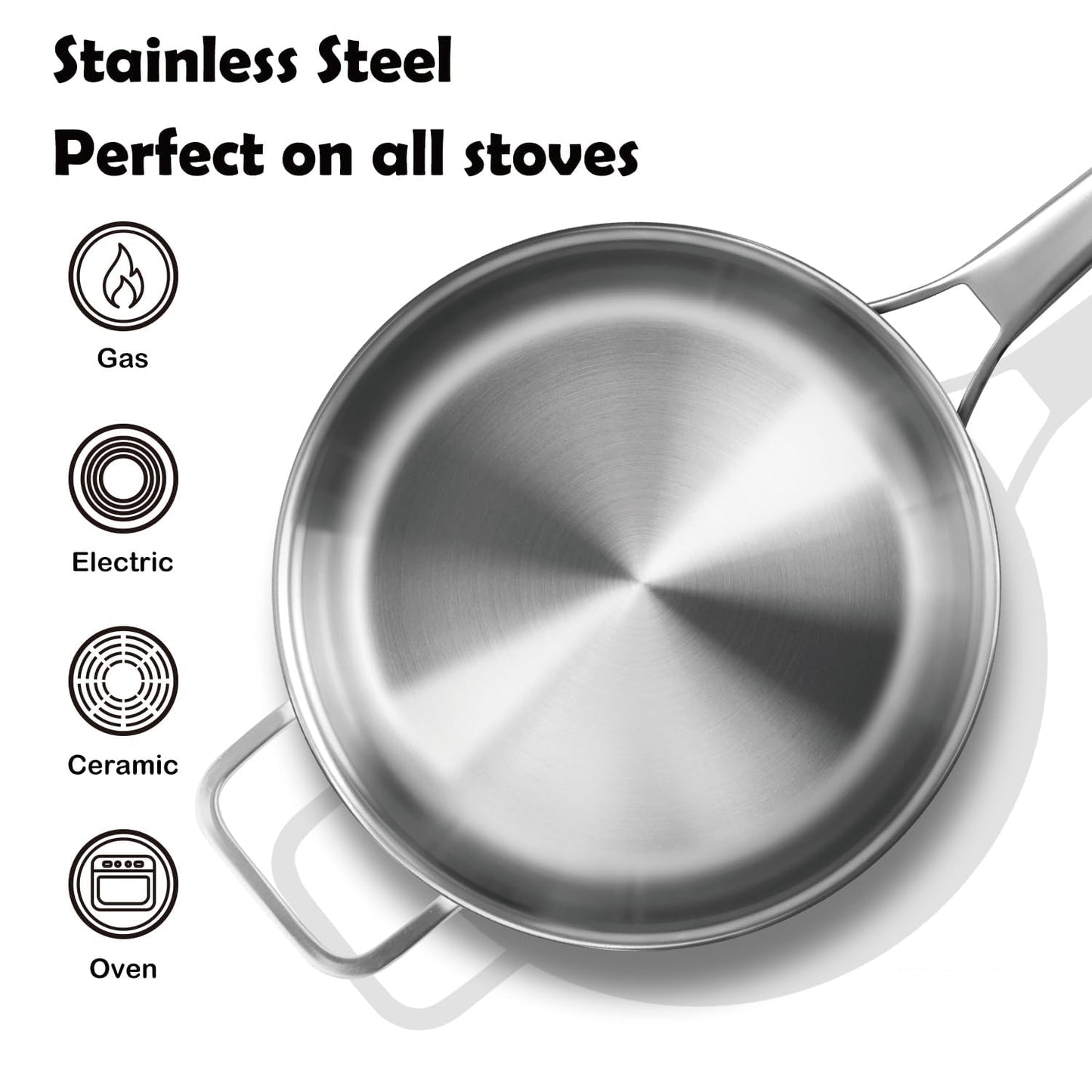 VocVoi Stainless Steel Pan with Lid, 6 QT Stainless Steel Saute Pan, 12 Inch Frying Pan, PFOA & PTFE Free, Tri-Ply Skillet, Stainless Steel Pot, Dishwasher & Oven Safe, Works on All Cooktops