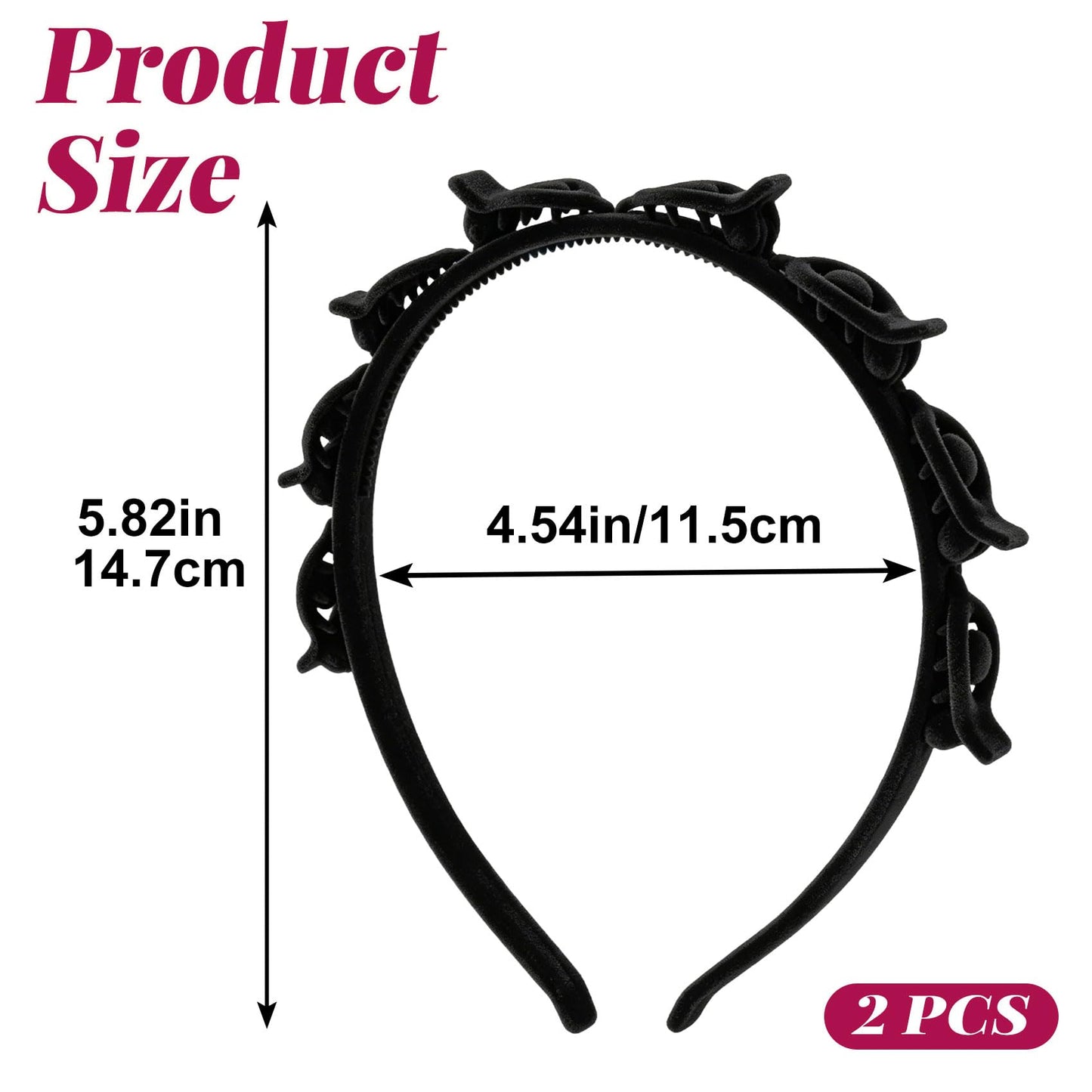 YALOJE 2 Pcs Headband with Clips, 90s Butterfly Hair Clips Headband with Teeth for Women, Braided Weave Bangs Non-Slip Clip Headbands Hair Accessories for Styling Decoration- Flocked Black