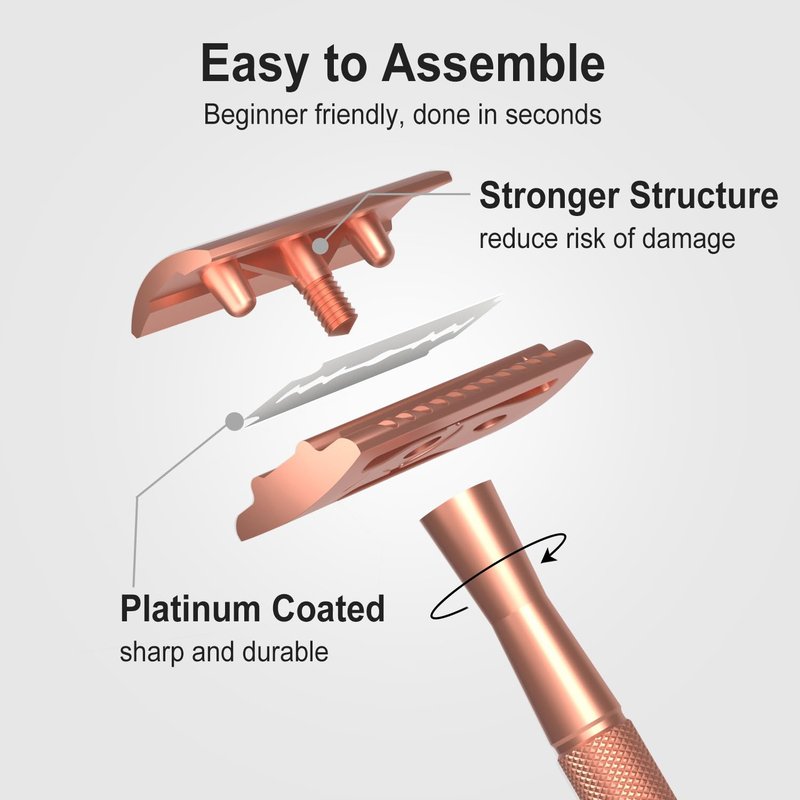 THURLADY Safety Razor with Stand, Single Blade Razors for Women and Men, Reusable Metal Razor, with 10 Double Edge Blades, Smooth Close Shave, Plastic Free, Rose Gold