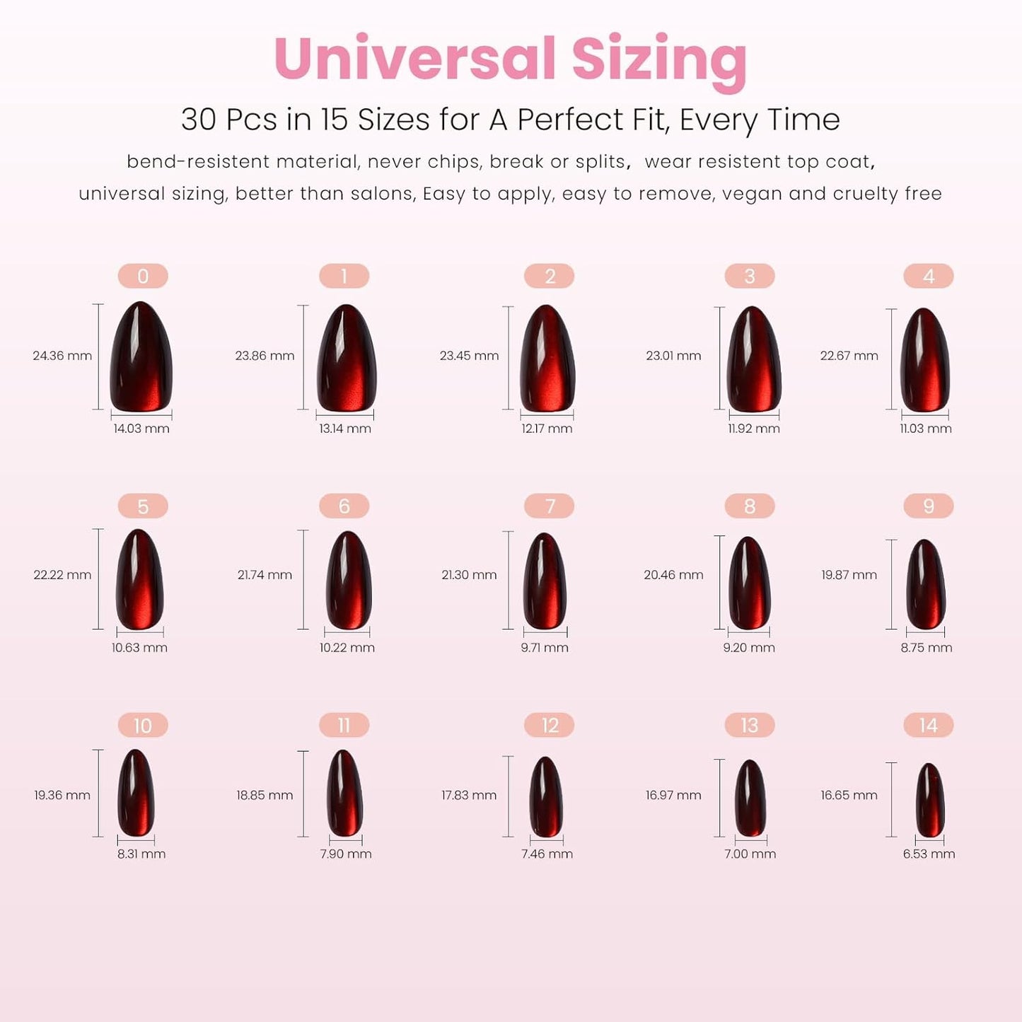 Burgundy Red Press On Nails | Medium Almond Cat Eye Velvet Finish | Natural Reusable Opaque Stick-On Nails - 30 Piece Kit with Glue