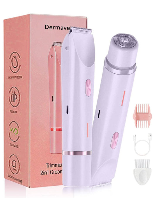 Dermavel Trimmer 2.0 Women, Ergonomic 2-in-1 Body & Facial Hair Trimmer, Luxury Skin Gentle Electric Razor, Waterproof Rechargeable Grooming Shaver for Smooth, Effortless Results, Skin Care (Purple)