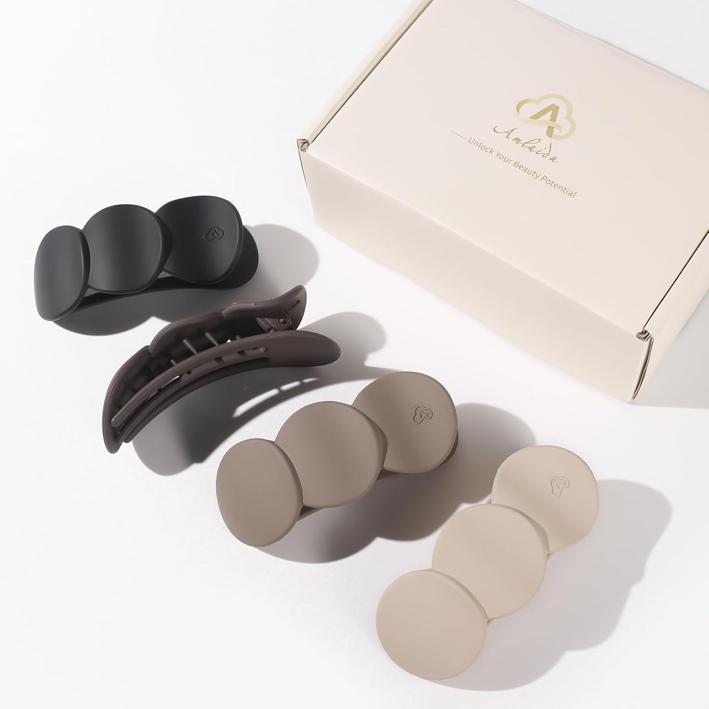 Medium Flat Hair Clips - Strong Hold French Claw Clips for Thick & Thin Hair | Non-Slip Duckbill Design, 4-Pack in Beige, Brown & Black