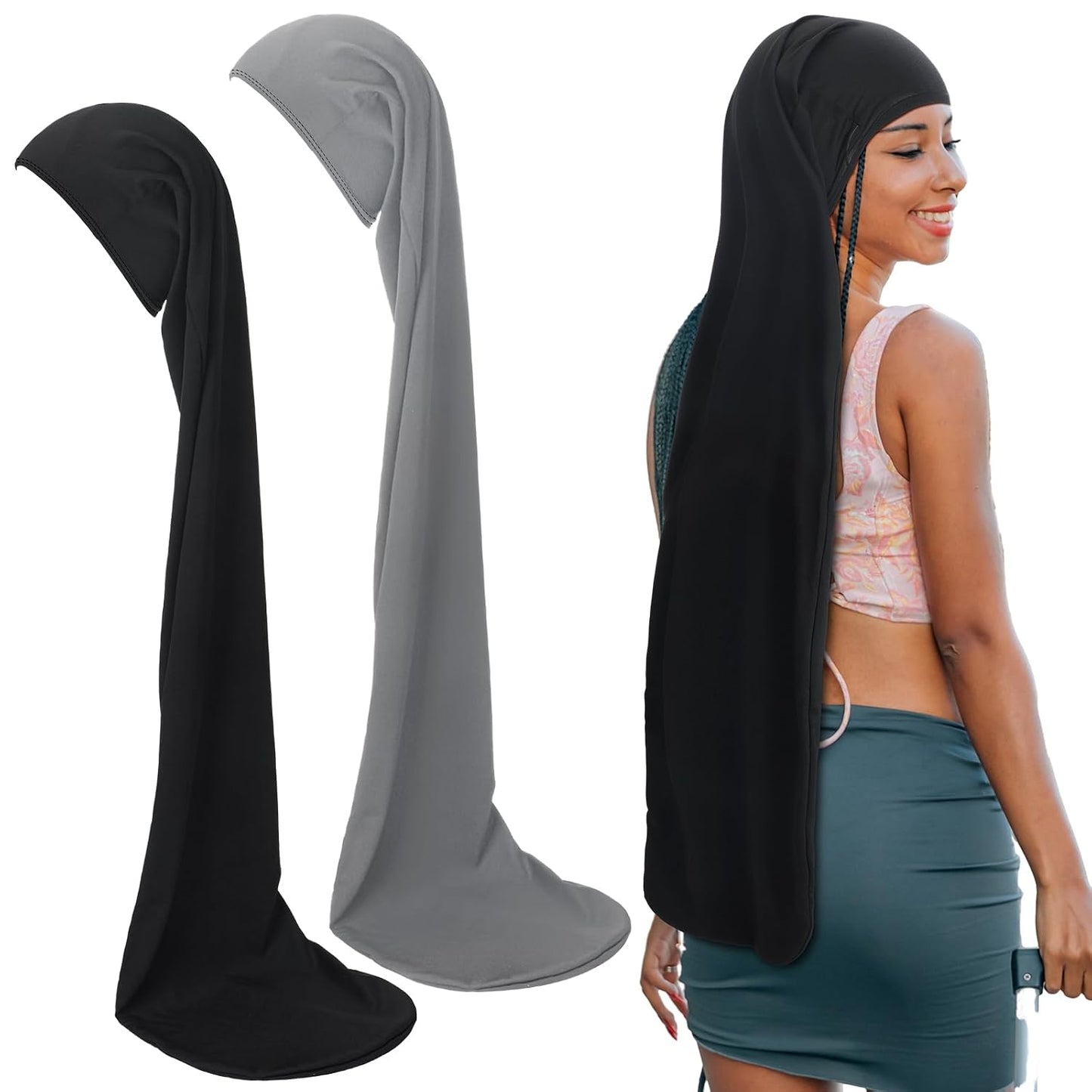 Jumbo Dreadlock Cap - 2 Pcs Hair Wraps for Men & Women | 37-Inch Black & Gray Sleeping Accessories