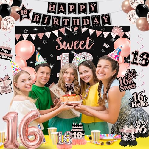 Rose Gold & Black Sweet 16 Party Decorations Kit