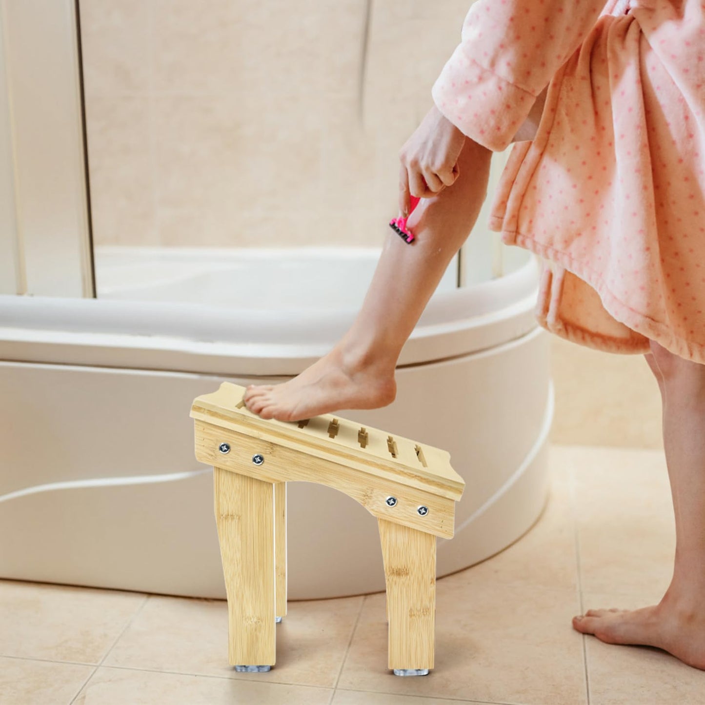 SOUJOY Shower Stool for Shaving Legs, 12 Inch Bamboo Shower Foot Rest, Non-Slip Bath Foot Step Bench, Waterproof Small Shaving Stool for Inside Shower, Bathroom