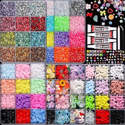 LERBOU Set 2 5-Box 3D Nail Art Accessories Kit with 24-Color Resin Rhinestones